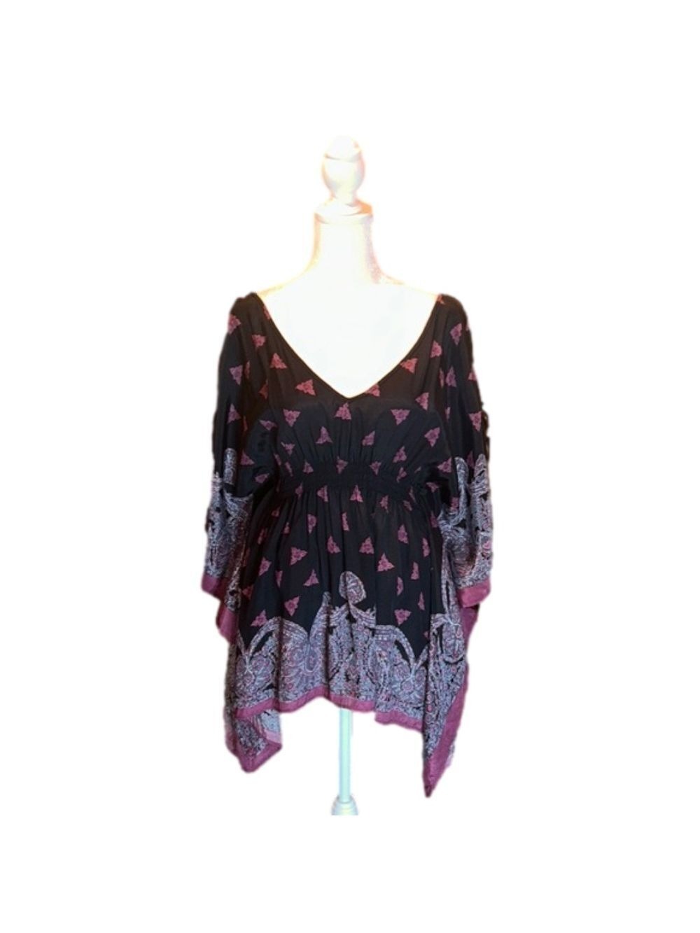 FREE PEOPLE Black & Plum Purple Print Tunic w/ Raglan Angel Wing Sleeves Size S